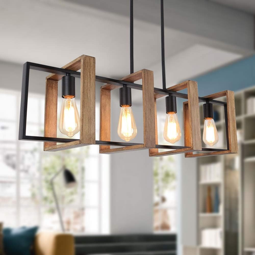 Kitchen Island Lighting, 4-Light Dining Room Light Fixture over Table, 90CM Rustic Farmhouse Pendant Light, Black Body Wood Frame Vintage Hanging Lighting for Flat or Sloping Ceiling