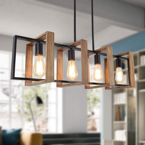 Kitchen Island Lighting, 4-Light Dining Room Light Fixture over Table, 90CM Rustic Farmhouse Pendant Light, Black Body Wood Frame Vintage Hanging Lighting for Flat or Sloping Ceiling