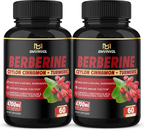 (2 Packs) Berberine Supplement 4700Mg with Ceylon Cinnamon, Turmeric -120 Capsules - Supports Glucose Metabolism, Immune Function, Healthy Blood Sugar - Berberine Hcl Supplement Pills- 4 Months Supply