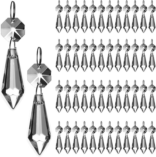 Clear Chandelier Icicle Crystal Prisms Octogan Glass Bead for Lamp Decoration,Pack of 50 (38Mm&Silver Circle Clips)