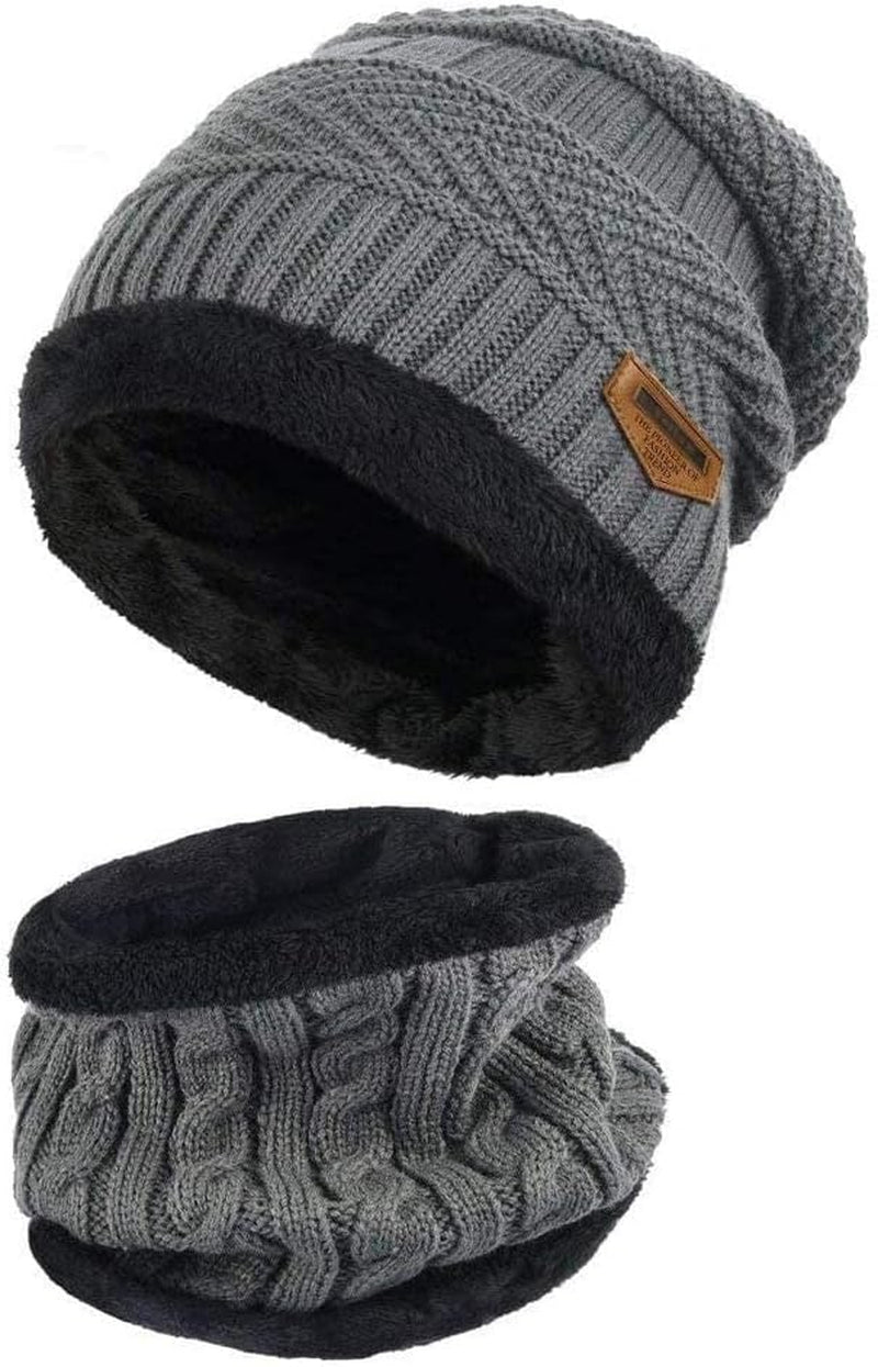 Knitted Beanie Hat, 2 Pieces Winter Beanie Hats Scarf Set Warm Knit Hat Thick Fleece Lined Winter Cap Scarves for Men Women