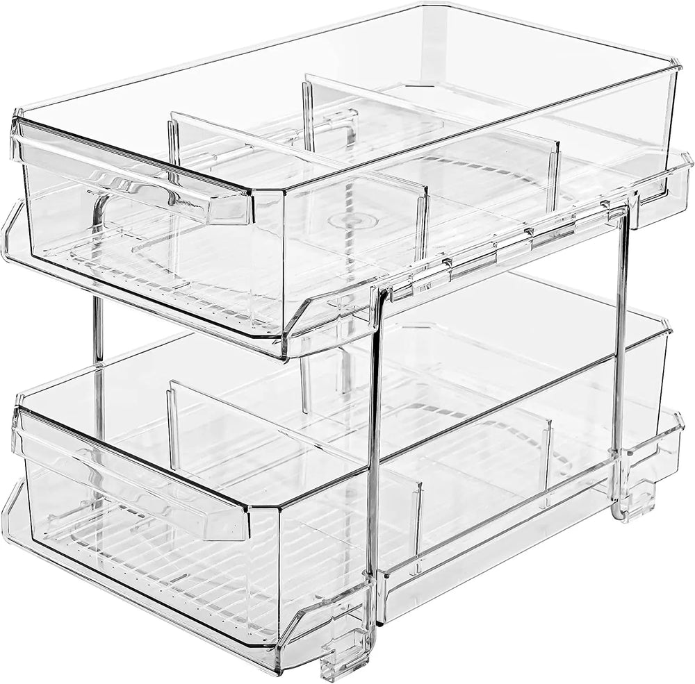 2 Tier Clear Organizer with Dividers, Multi-Purpose Slide-Out Kitchen Pantry Storage Container, Bathroom Vanity Counter Organizing Tray, under Sink Closet Organization, Medicine Cabniet Storage Bins