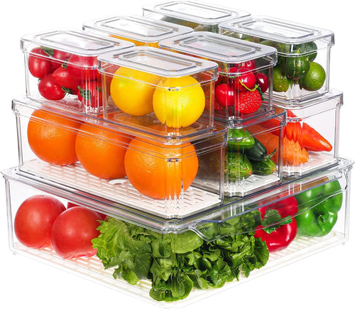 10 Pack Fridge Organizer, Stackable Refrigerator Organizer Bins with Lids, Large Size Plastic Food Storage Containers for Fruit & Vegetable Storage, Kitchen Storage & Organization