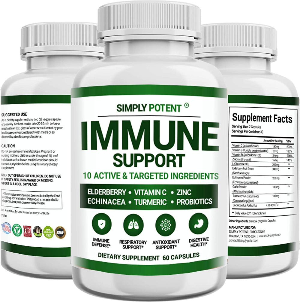 Immune Support Supplement, 10 in 1 Immunity Booster Blend of Elderberry, Vitamin C, Zinc,Turmeric, Probiotics & Antioxidants for Immune, Respiratory & Digestive Health, 60 Pills