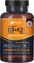Load image into Gallery viewer, Vitamin D3 4000IU &amp; K2 MK7 100Μg Vegetarian Tablets I 180 (6 Months Supply) I Easy to Swallow Supplement for Immune Support, Calcium Boost, Bone &amp; Muscle I Made in the UK by Prowise Healthcare
