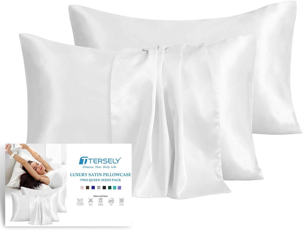 Satin Pillowcase, 2 Pack 20"X 30" Silk Satin Pillowcases for Hair and Skin Queen Size Pillow Case with Envelope Closure (50X75Cm, Elegant White)