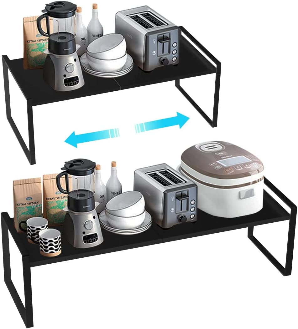 Expandable Cabinet Shelf Organizers, Kitchen Cabinet Organizer Shelves Spice Rack Cupboard Organizers Storage, 14.1 to 23.6 Inch Metal Plate Shelves (Black, 9Inches)