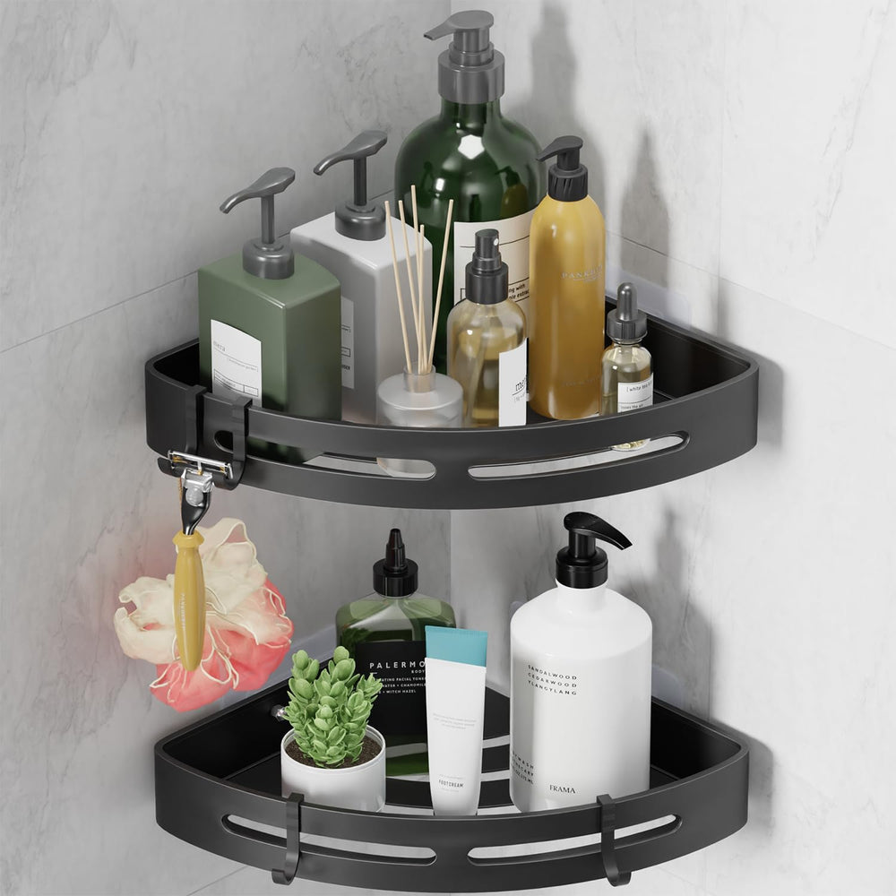 2 Pack Shower Caddy Bathroom Organiser Accessories Bath Products Bath Caddy with Self Adhesive Hanging Shower Shelf Coner Rack for Bathroom Storage with 4 Removable Hooks, Aluminum Black