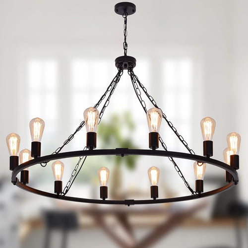Pendant Light Modern Farmhouse Chandelier Rustic Metal Wagon Wheel Lighting Black 12 Lights