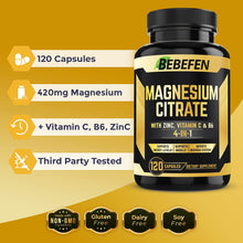 Load image into Gallery viewer, (𝟒 𝐌𝐨𝐧𝐭𝐡 𝐒𝐮𝐩𝐩𝐥𝐲) Magnesium Citrate 𝟏𝟐𝟎 𝐂𝐚𝐩𝐬𝐮𝐥𝐞𝐬 with 𝐙𝐢𝐧𝐜, 𝐕𝐢𝐭𝐚𝐦𝐢𝐧 𝐂, 𝐁𝟔 – Muscle, Joint, Heart &amp; Digestion Support

