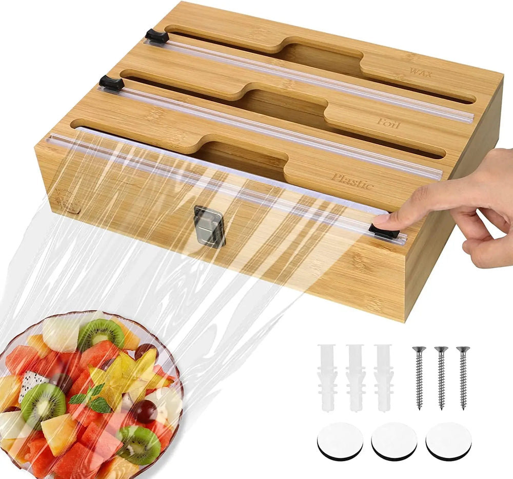 3 in 1 Plastic Wrap Dispenser with Slide Cutter,Aluminum Foil, Wax and Plastic Wrap Dispenser Organizer