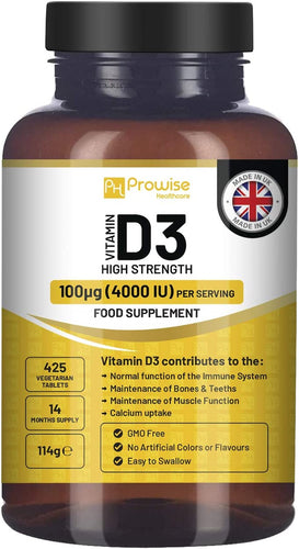 Vitamin D3 4000IU High Strength I 425 Vegetarian Tablets (14 Months Supply) I Easy Swallow Vitamin D3 Supplement for Immune Support, Calcium Boost, Bone & Muscle I Made in the UK by Prowise Healthcare