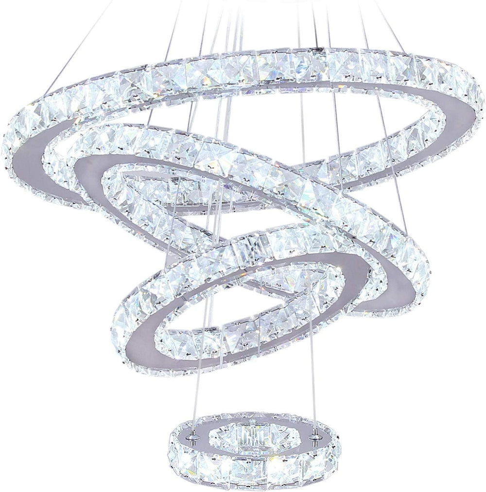 LED Modern Crystal Chandeliers 3 Colors Dimmable Remote K9 Crystal Flush Mount Ceiling Light Fixture 4 Rings Pendant Light Fixture for Bedroom Living Room Dining Room Kitchen Entryway