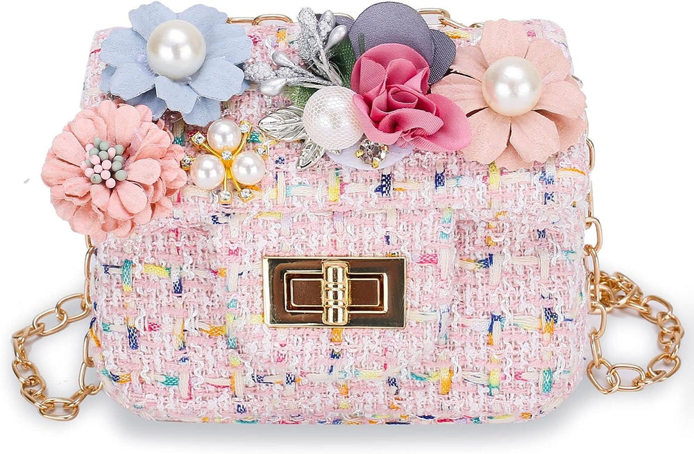 Exquisite Cute Sweet Fashion Mini Purse with Flowers and Pearl for Toddler Girls Crossbody Princess Handbags Shoulder Bag Casual Party Holiday Events Girls Accessories