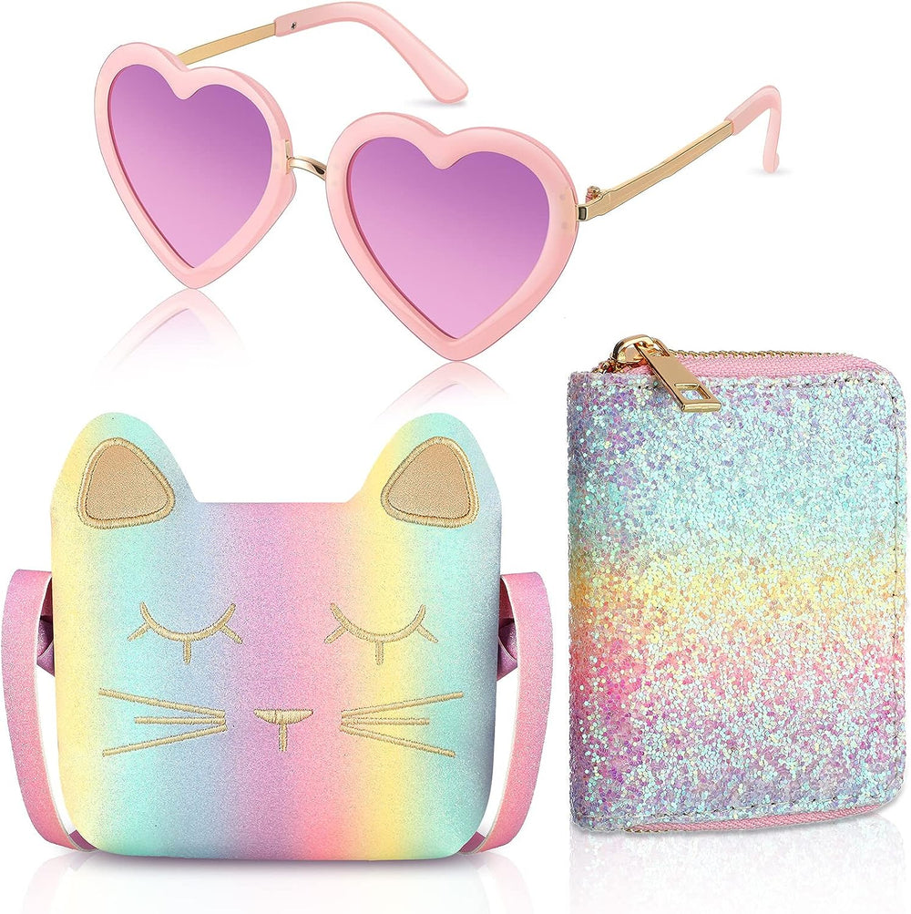 3 Pieces Toddler Pink Cute Cat Purse Heart Shaped Sunglasses with UV 400 Protection Crossbody Bag Glitter Small Wallet for Little Girl Birthday Party Gift, as Pictures