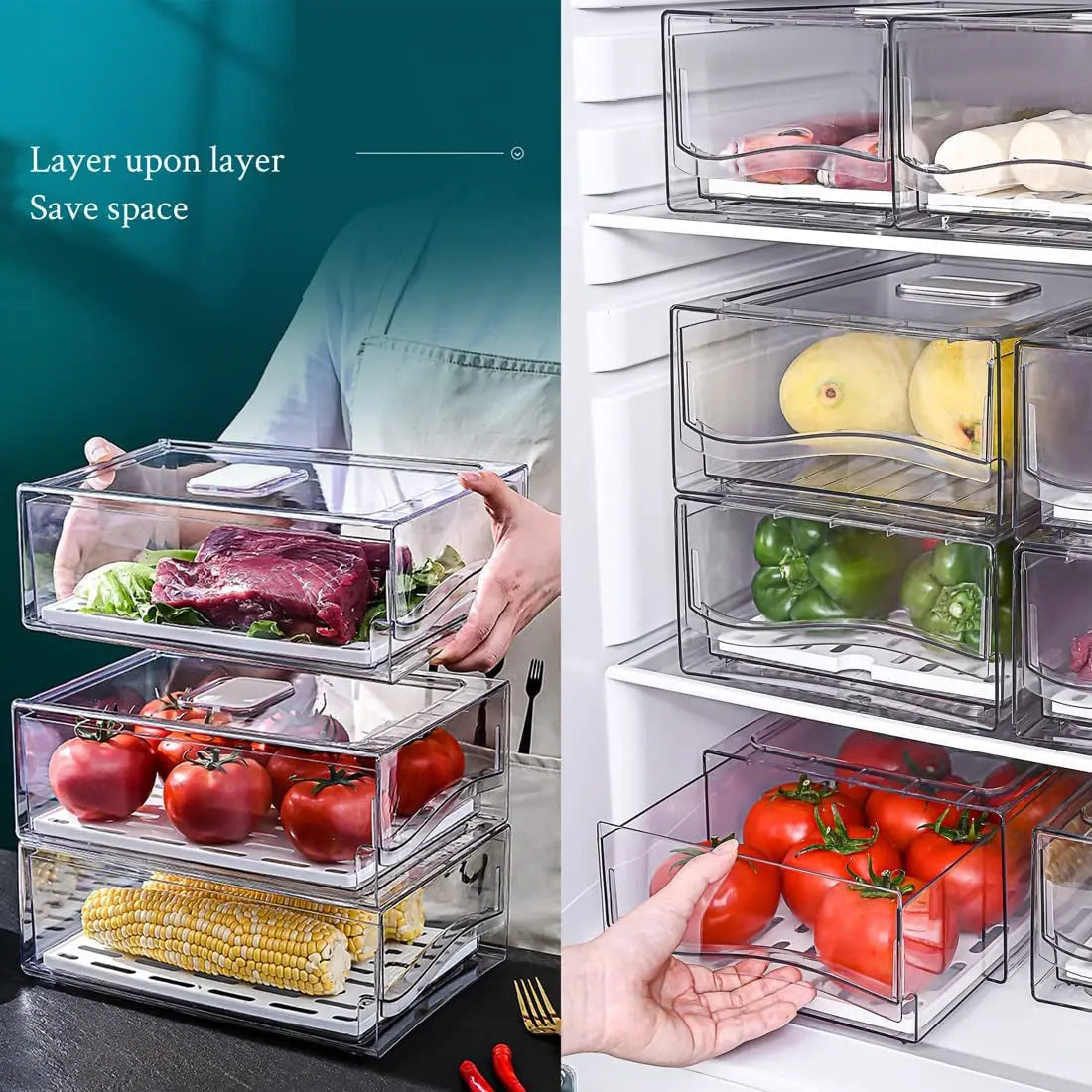 2 Pack Clear Stackable Fridge Drawers,Pull Out Fridge Organiser Bins w