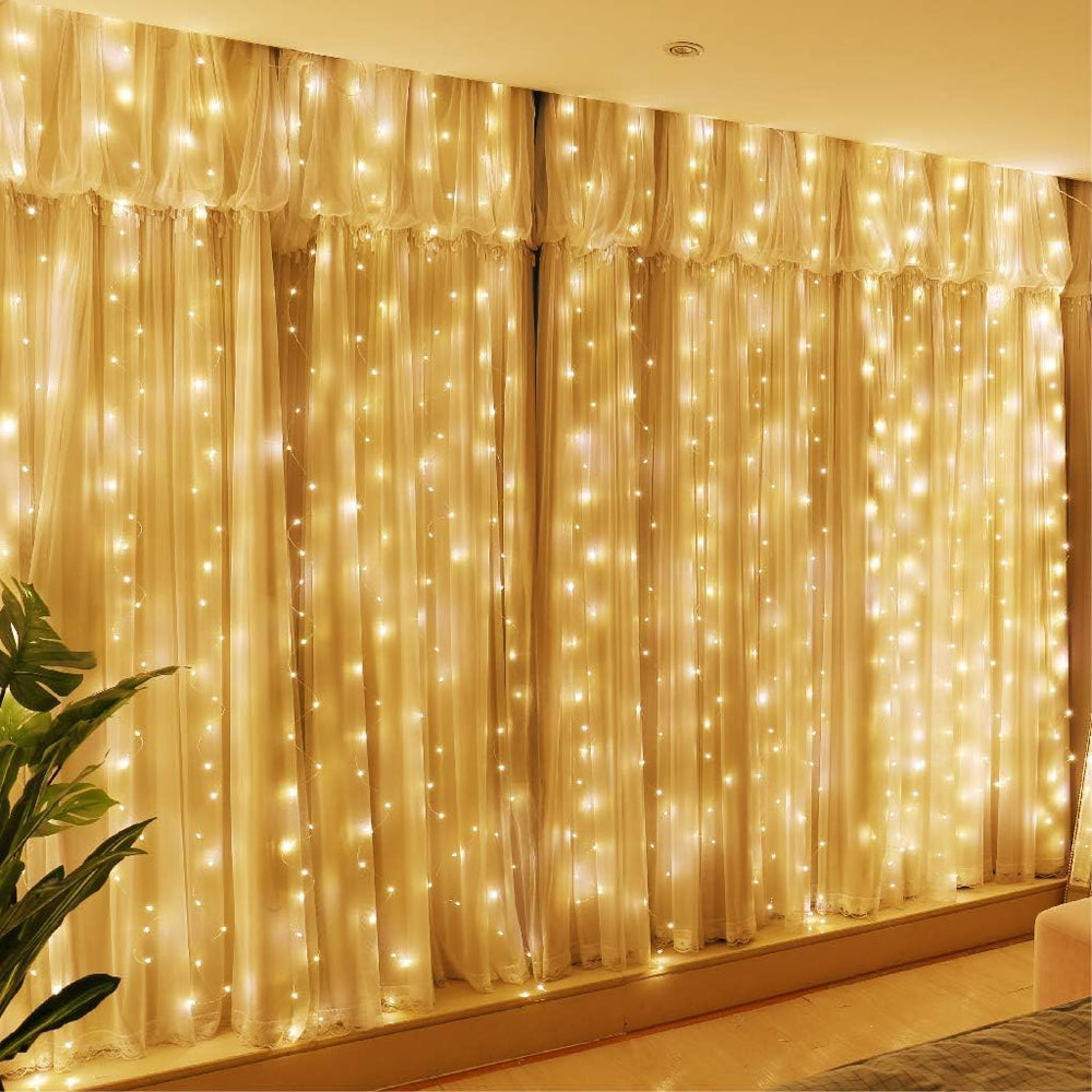 Fairy Curtain Lights, 300 LED Window Curtain String Light Wedding Party Home Garden Bedroom Outdoor Indoor Wall Decorations (Warm White)