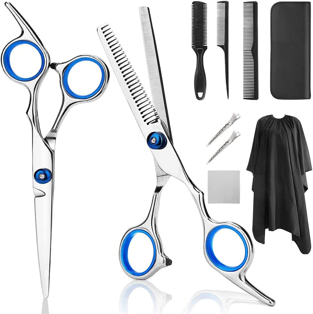 Professional Hair Cutting Scissors, 9 PCS Barber Thinning Scissors Hairdressing Shears Stainless Steel Hair Cutting Shears Set with Cape Clips Comb for Barber Salon and Home