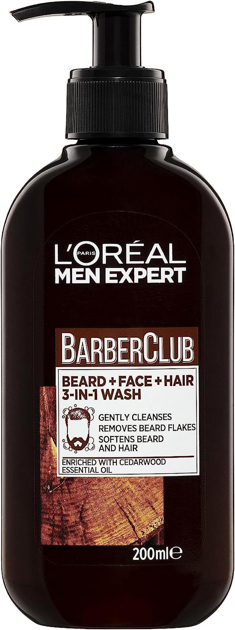L'Oréal Paris 3-In-1 Beard, Face and Hair Cleansing Wash for Men, Enriched with Essential Oils, Men Expert Barber Club, 200Ml