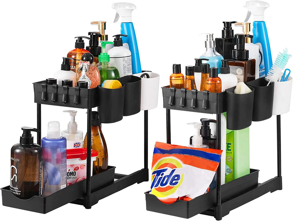under Sink Organizer and Storage, 2 Pack 2 Tier Bathroom Restroom Kitchen Cabinet Shelf with 6 Cup 8 Hooks Multi-Purpose Cleaning Supplies Organizer