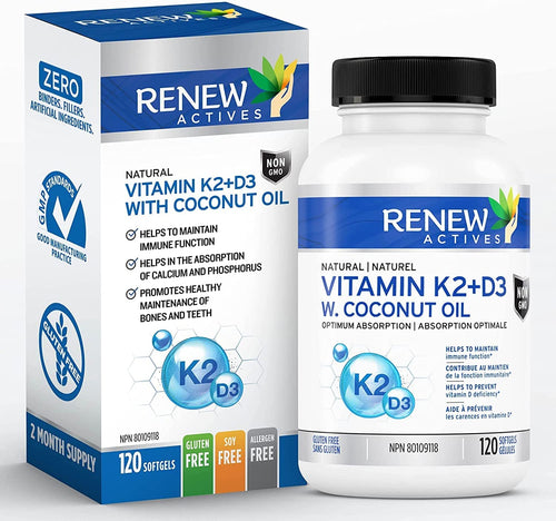 HIGH POTENCY  D3 K2 Supplement with Organic Coconut Oil for Enhanced Absorption - 1000 UI Vitamin D and 120 MCG of Vitamin K - Supports Bone, Teeth & Heart Health. Natural Immune Support. 120 Easy to Swallow Capsules. Made in Canada!