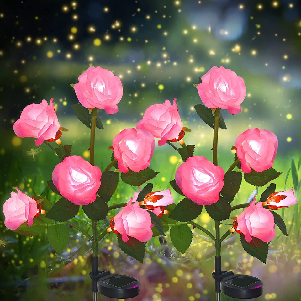 Solar pathway lights shaped as rose flowers, 70cm tall, illuminated along a garden path at night