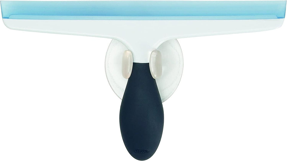 White all-purpose squeegee with a flexible blade and suction cup wall mount