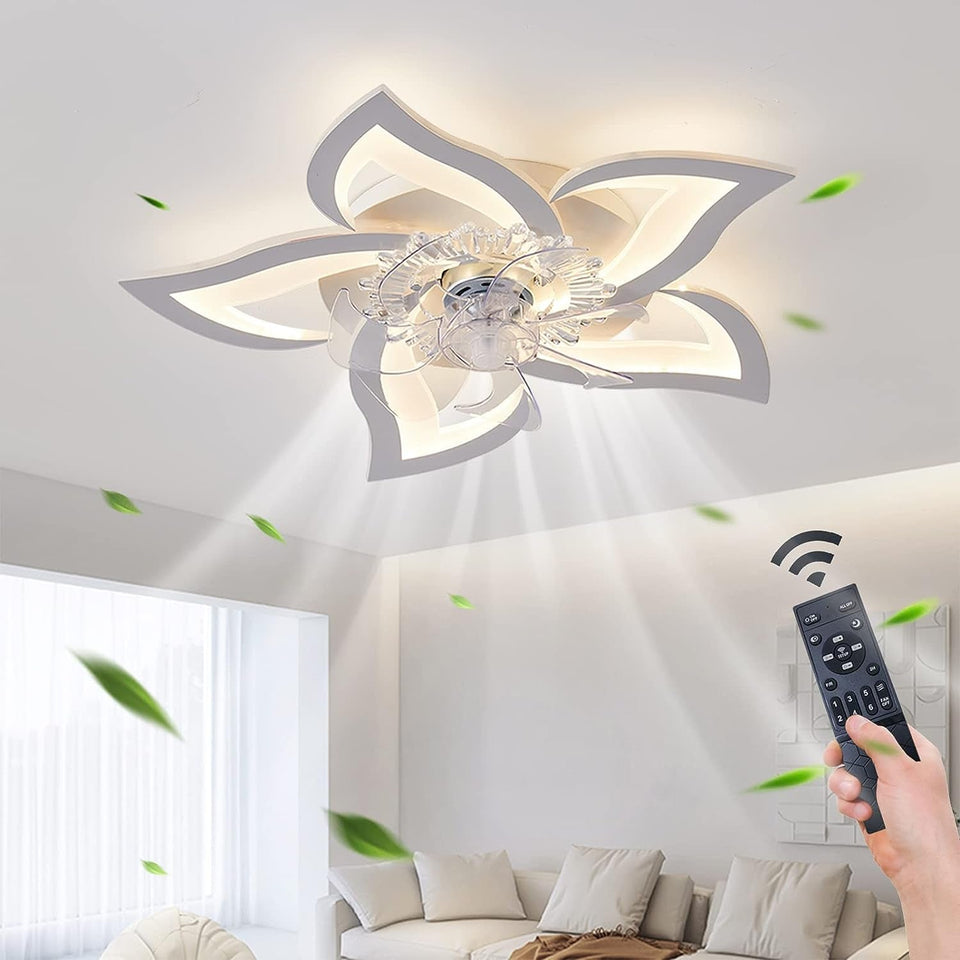 Low profile 69cm ceiling fan with integrated light, flush mounted to a white ceiling