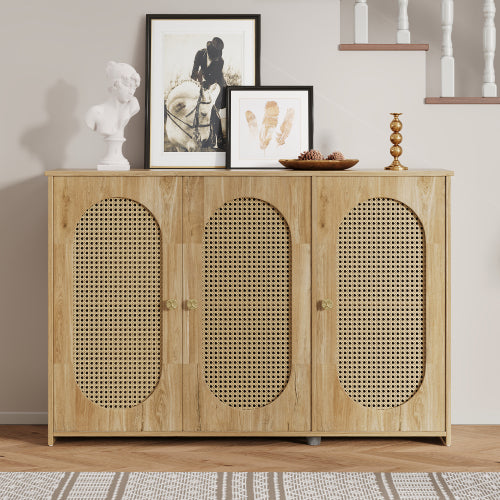 Vintage 3-Door Rattan Sideboard - Natural Wood Look Storage Cabinet
