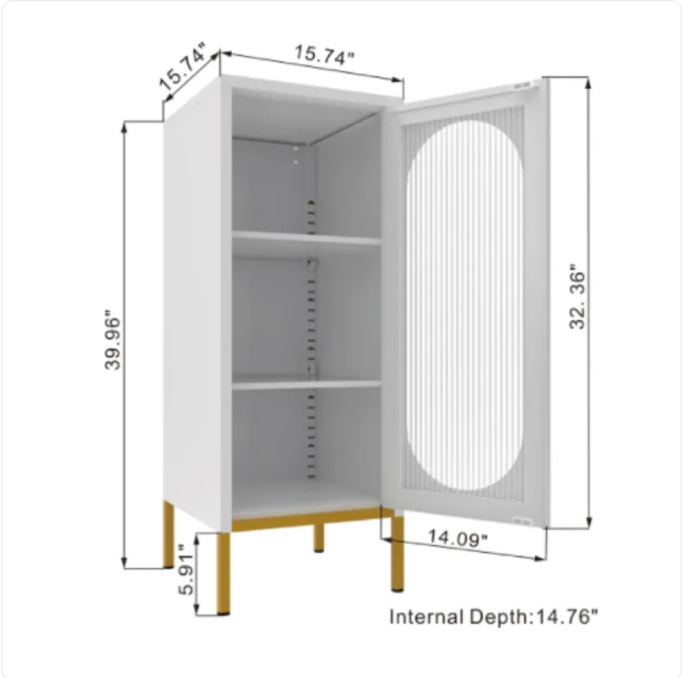 Fluted Glass Door Storage Cabinet - White Steel, 40 x 40 x 101 cm