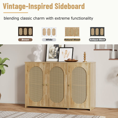 Vintage 3-Door Rattan Sideboard - Natural Wood Look Storage Cabinet