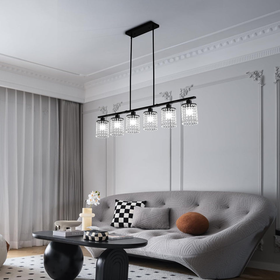 6-Light Farmhouse Kitchen Island Lighting, 48In Crystal Pendant Light Fixture, Vintage Black Linear Chandelier with Crystal Shade for Dining Room Living Room (E27 Bulbs, Not Included)