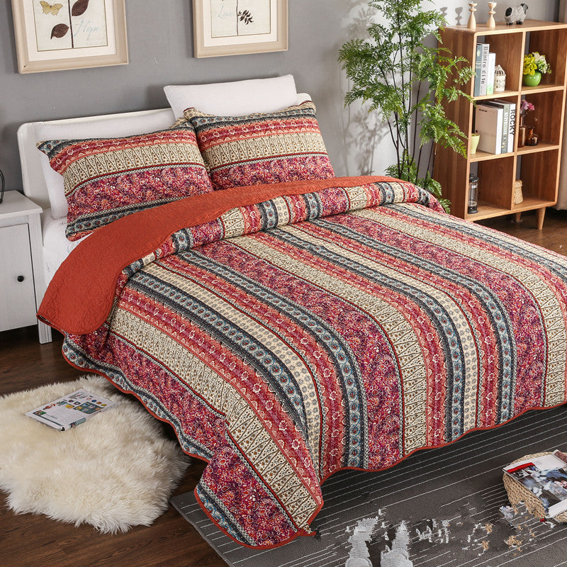 Red Cotton Linen Style Quilt Set with Bed Cover (3 Pieces)