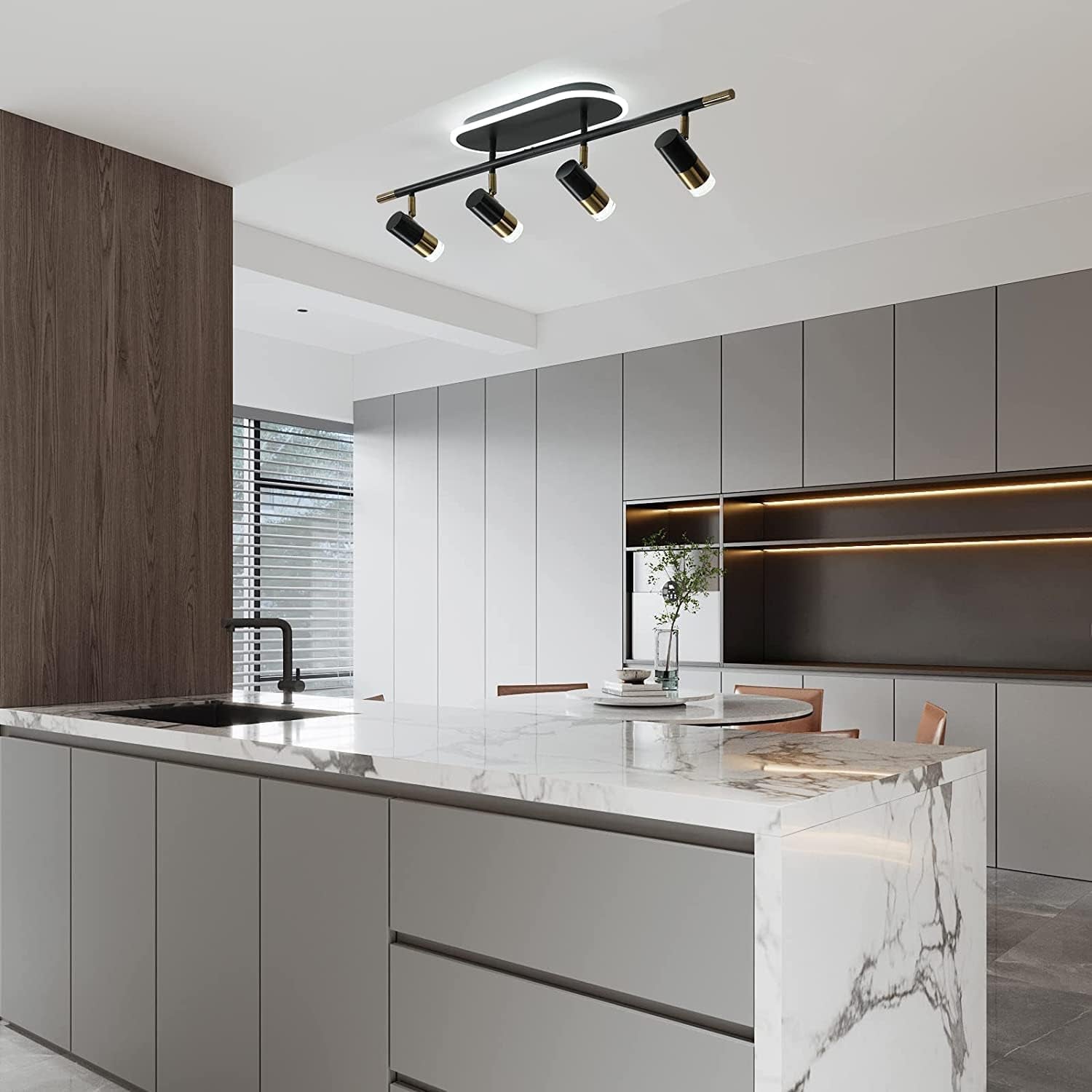 4-Light Track Lighting Ceiling Light with Rotatable Light Head, 41W Modern LED Chandelier Indoor Adjustable Spotlight Fixtures for Living Room Hallway Studio Kitchen Island (Black Gold)