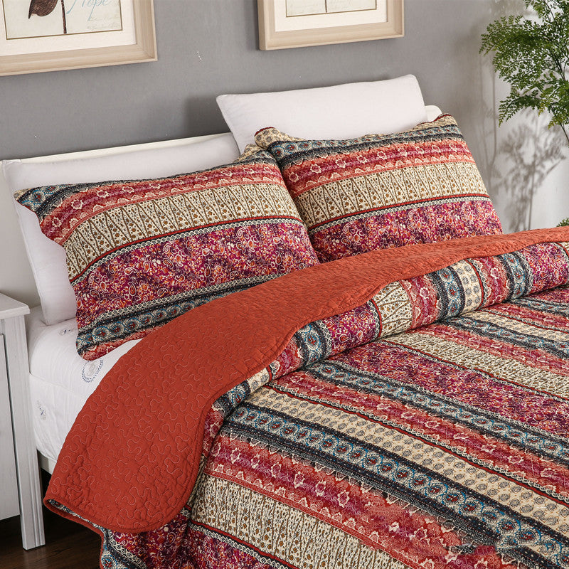 Red Cotton Linen Style Quilt Set with Bed Cover (3 Pieces)