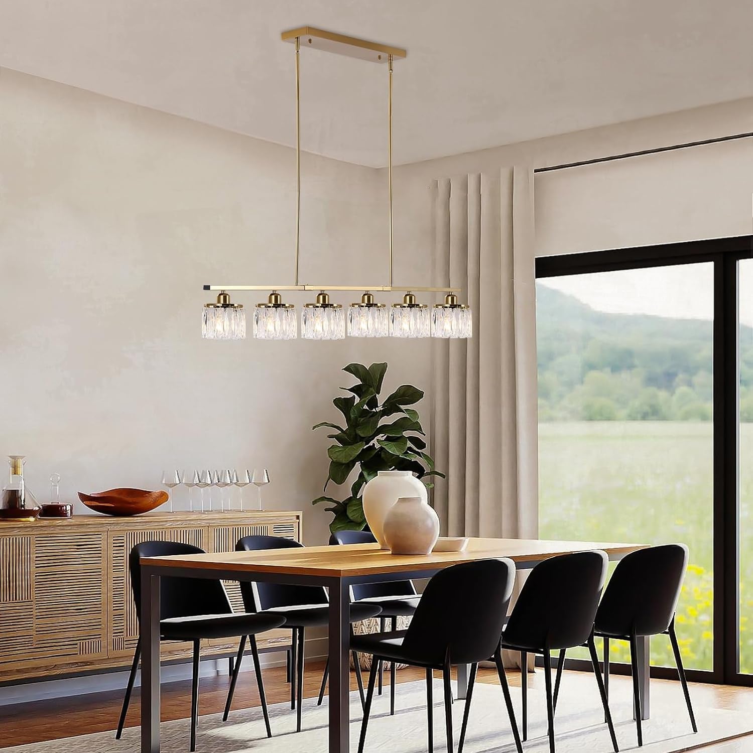 6 Lights Pendant Light 48" Crystal Chandeliers Brass Adjustable Modern Chandelier Linear Ceiling Pendant Lights for Kitchen Island Dining Room, E27 Bulb
