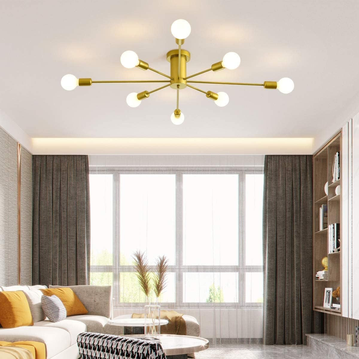 8-Light Sputnik Ceiling Light Modern Semi Flush Mount Ceiling Light Mid Century Gold Chandelier Pendant Lighting for Kitchen Dining Room Bedroom