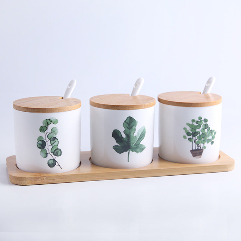 Ceramic Spice Jar Set with Green Plant Design (3 Pieces)