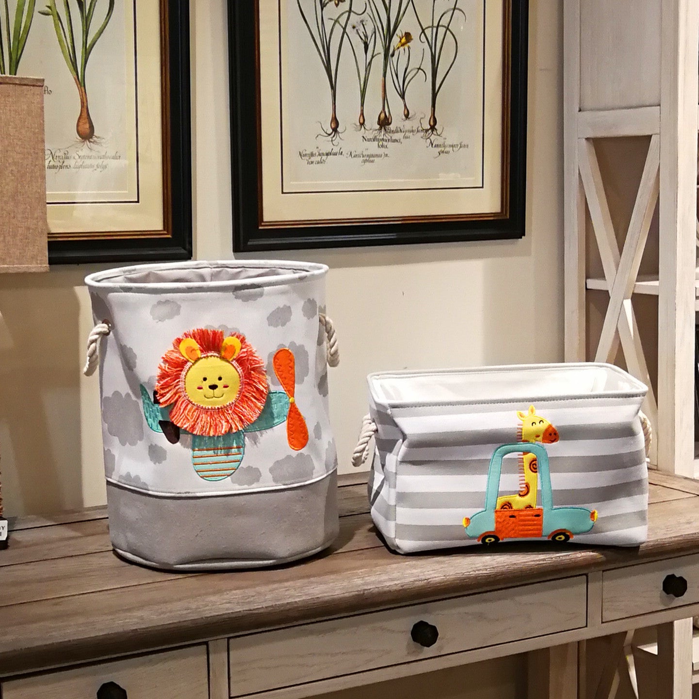 Cartoon Lion Giraffe Canvas Storage Bin for Laundry