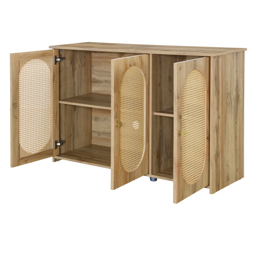 Vintage 3-Door Rattan Sideboard - Natural Wood Look Storage Cabinet