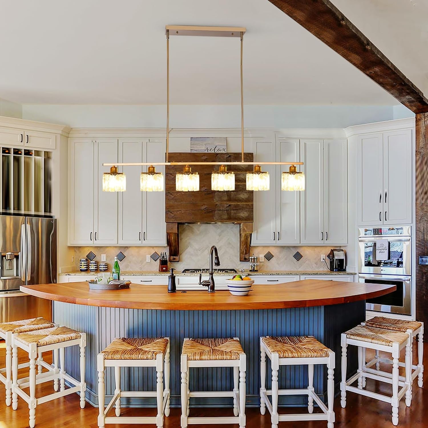 6 Lights Pendant Light 48" Crystal Chandeliers Brass Adjustable Modern Chandelier Linear Ceiling Pendant Lights for Kitchen Island Dining Room, E27 Bulb