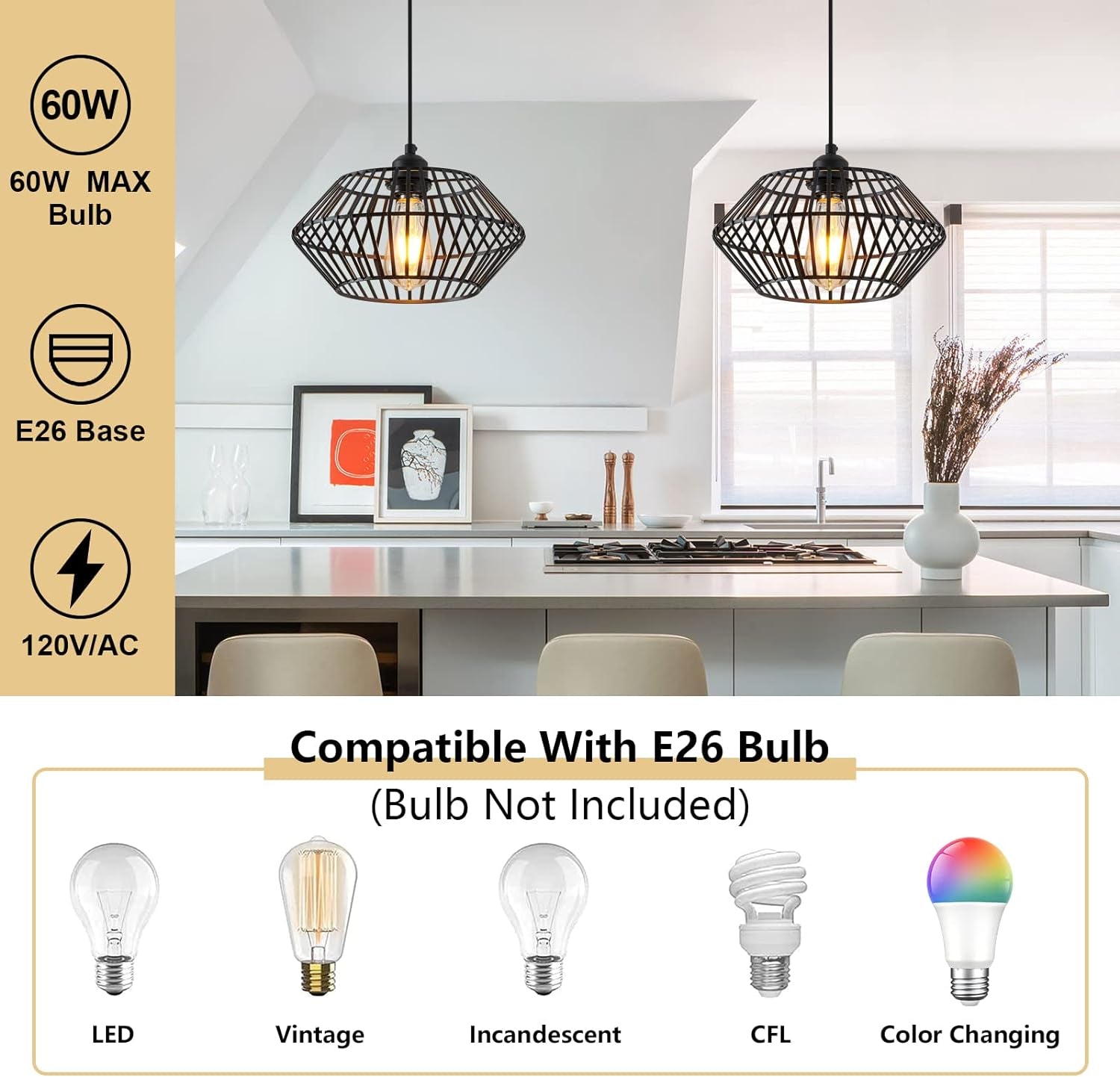 Modern Black Pendant Light, Industrial Pendant Light Fixture, Adjustable Metal Hanging Pendant Lights, Farmhouse Pendant Lighting for Kitchen Island, Hallway