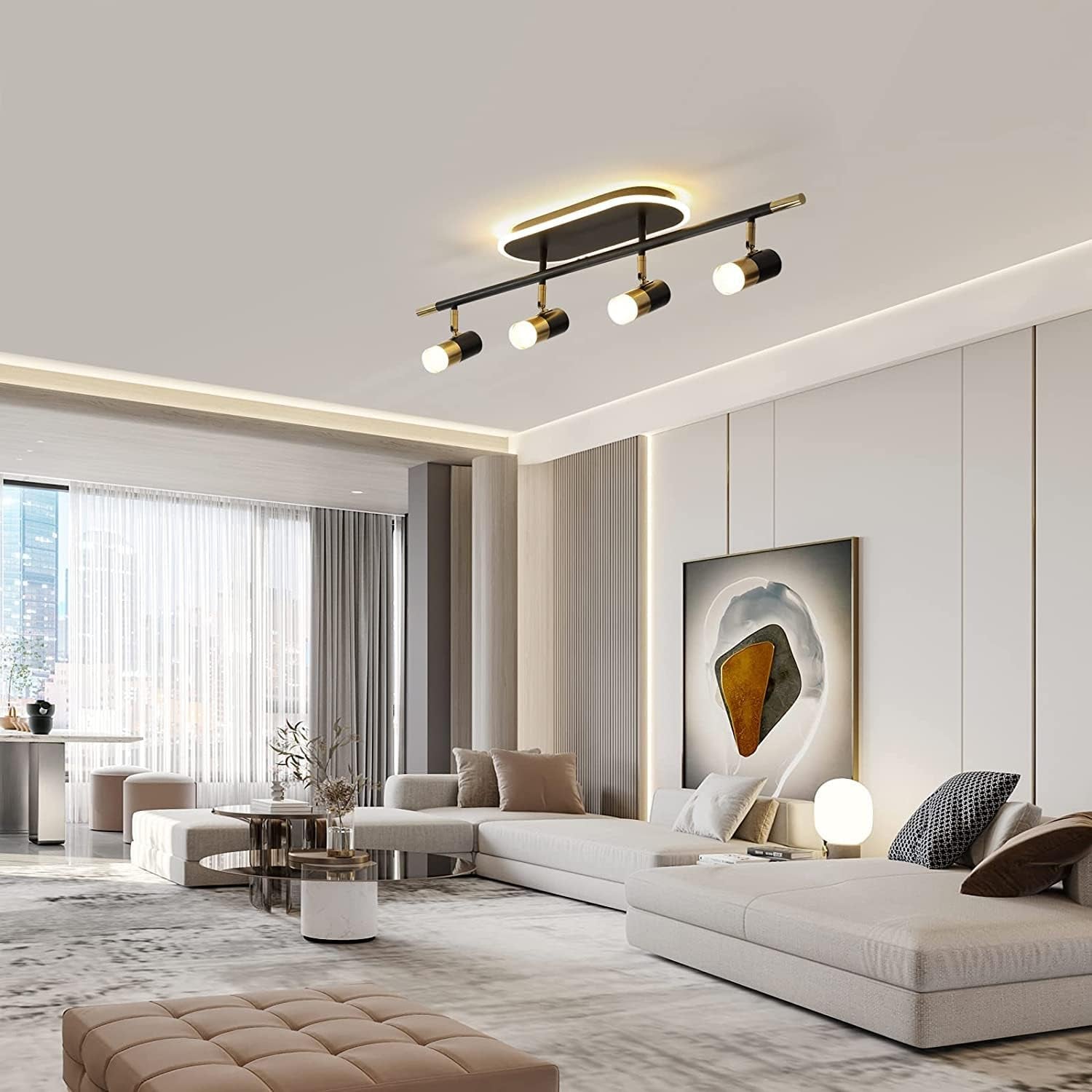 4-Light Track Lighting Ceiling Light with Rotatable Light Head, 41W Modern LED Chandelier Indoor Adjustable Spotlight Fixtures for Living Room Hallway Studio Kitchen Island (Black Gold)