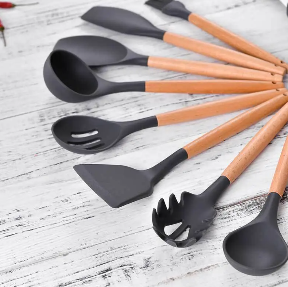 11-Piece Silicone Kitchen Utensil Set with Wooden Handles