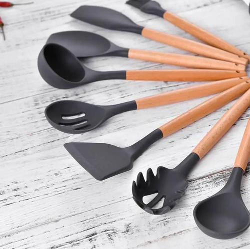 11-Piece Silicone Kitchen Utensil Set with Wooden Handles