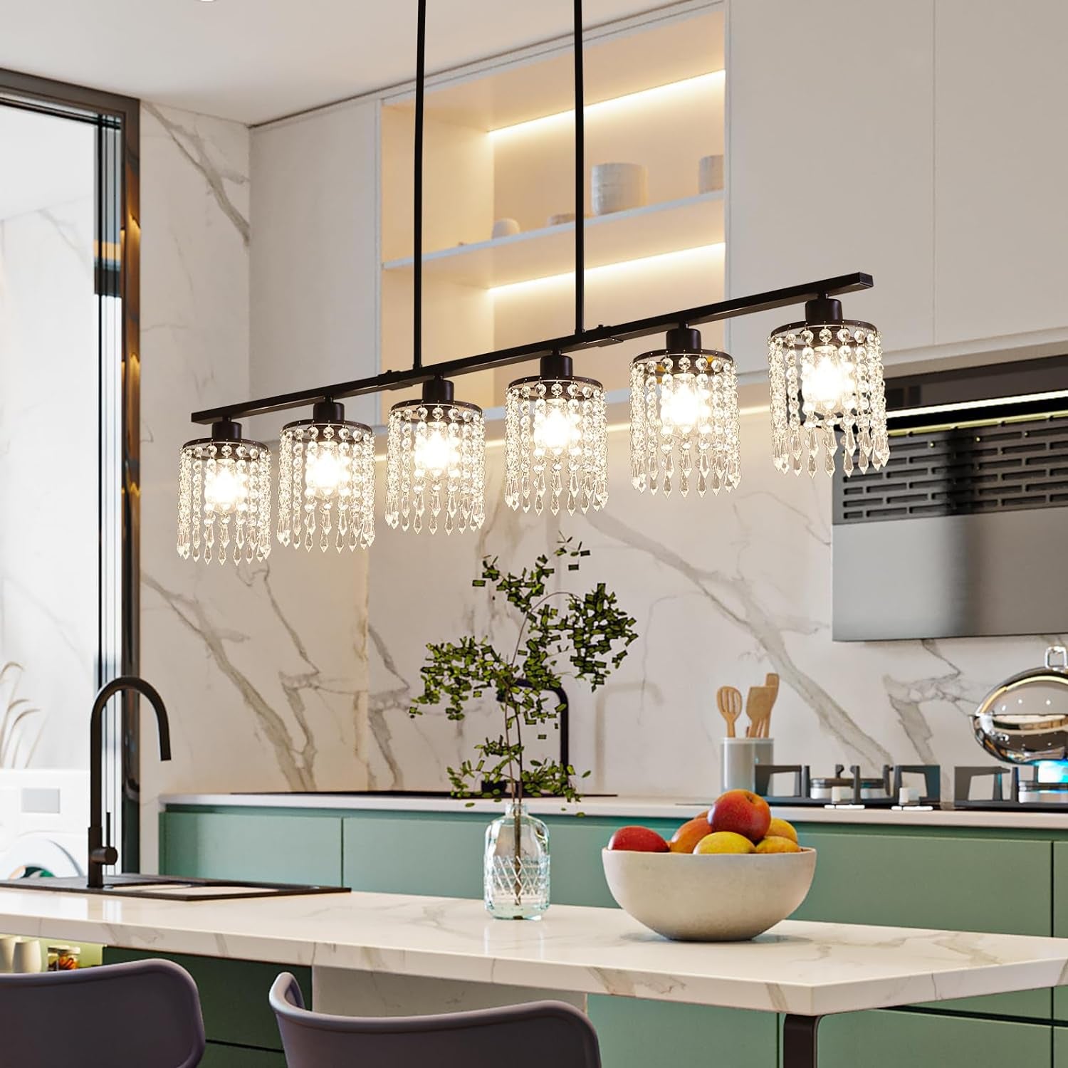 6-Light Farmhouse Kitchen Island Lighting, 48In Crystal Pendant Light Fixture, Vintage Black Linear Chandelier with Crystal Shade for Dining Room Living Room (E27 Bulbs, Not Included)