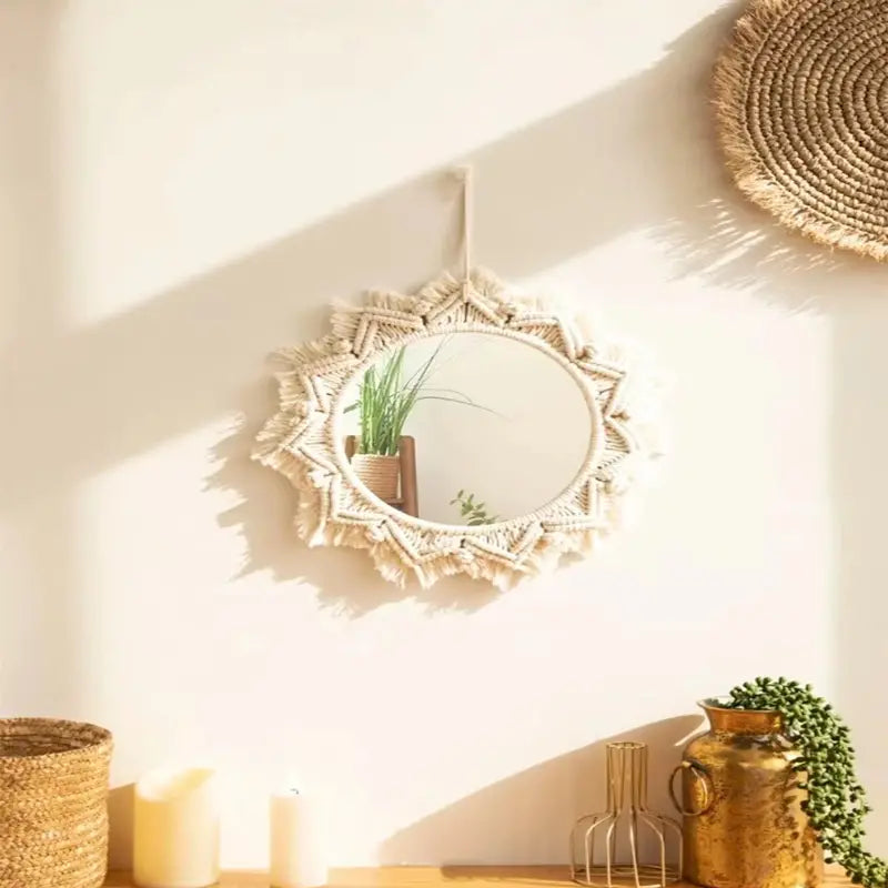 Boho Macrame Round Hanging Wall Mirror Decor