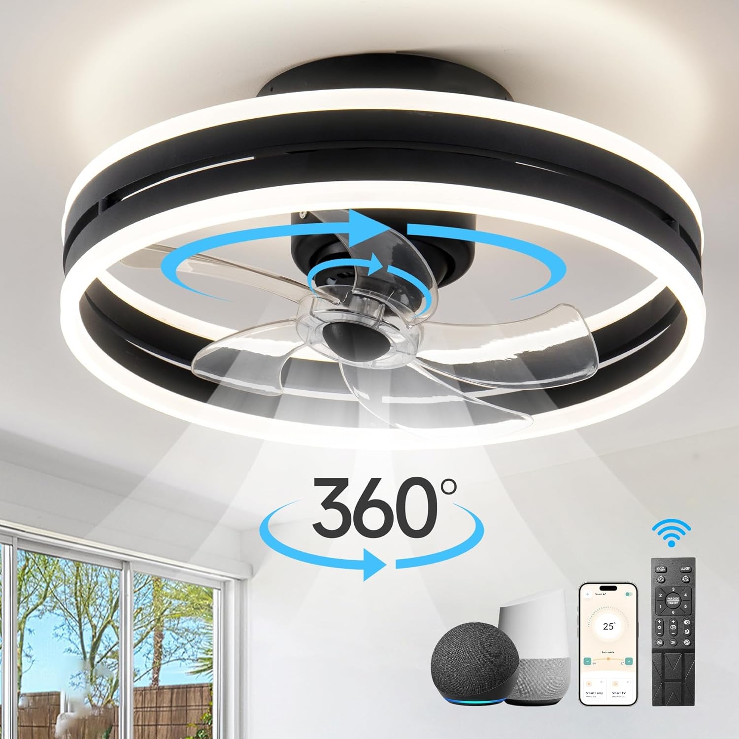 360° Oscillating Ceiling Fans with Light and Remote, Air Circulator Ceiling Fans with 6 Speed Reversible Blades for Bedroom,Smart Ceiling Fan with Alexa/Google Assistant/App/Remotes