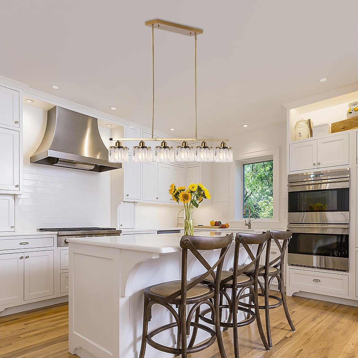 6 Lights Pendant Light 48" Crystal Chandeliers Brass Adjustable Modern Chandelier Linear Ceiling Pendant Lights for Kitchen Island Dining Room, E27 Bulb