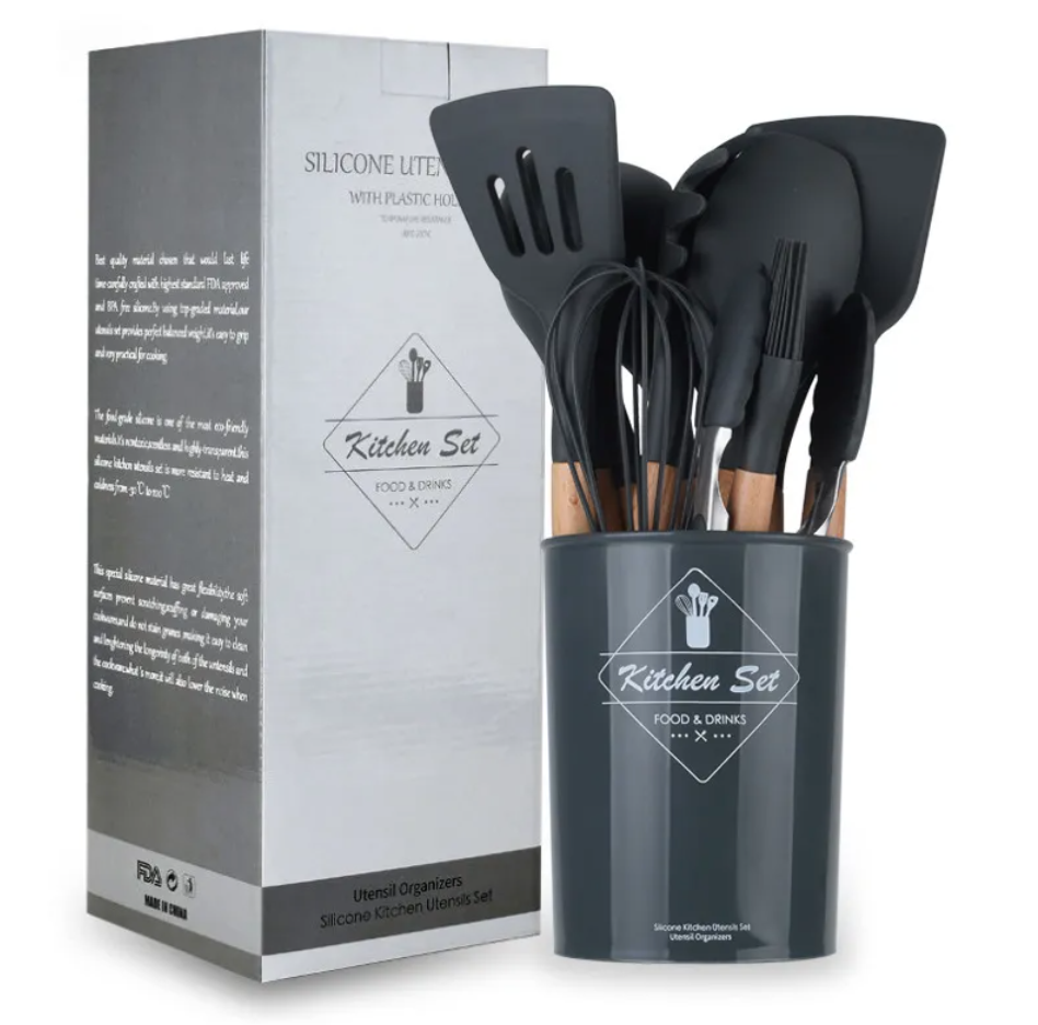 11-Piece Silicone Kitchen Utensil Set with Wooden Handles